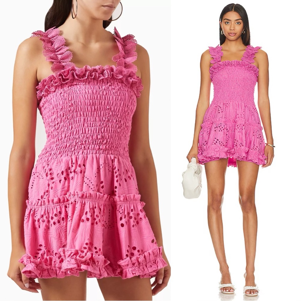 Waimari Mini Dress Pink Smocked Eyelet Pamela Sleeveless size S